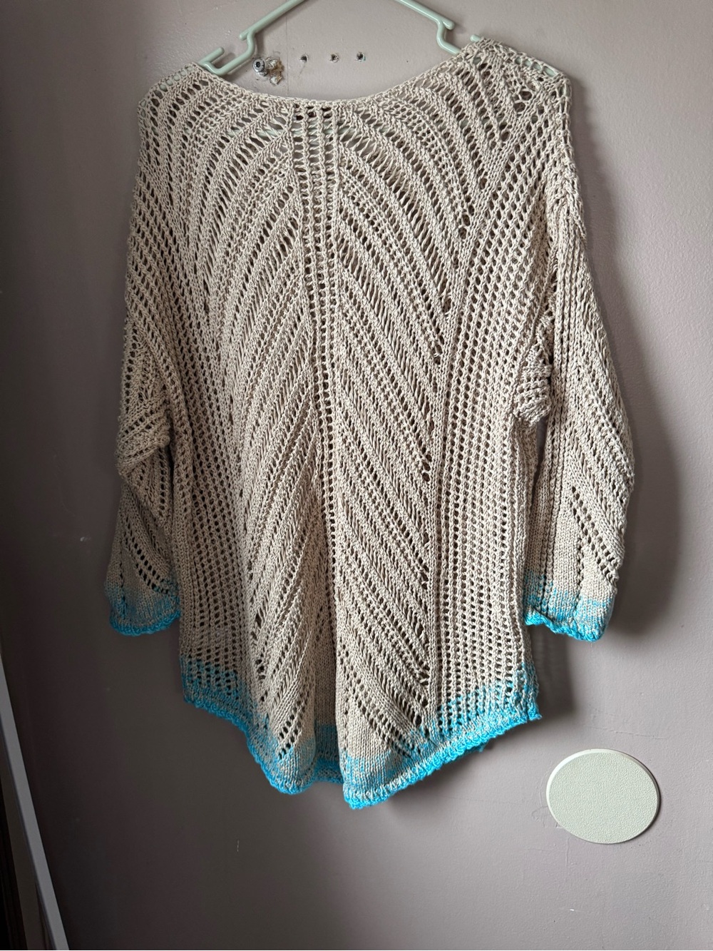 Coldwater Creek Beige Open-Knit Sweater with Teal Trim